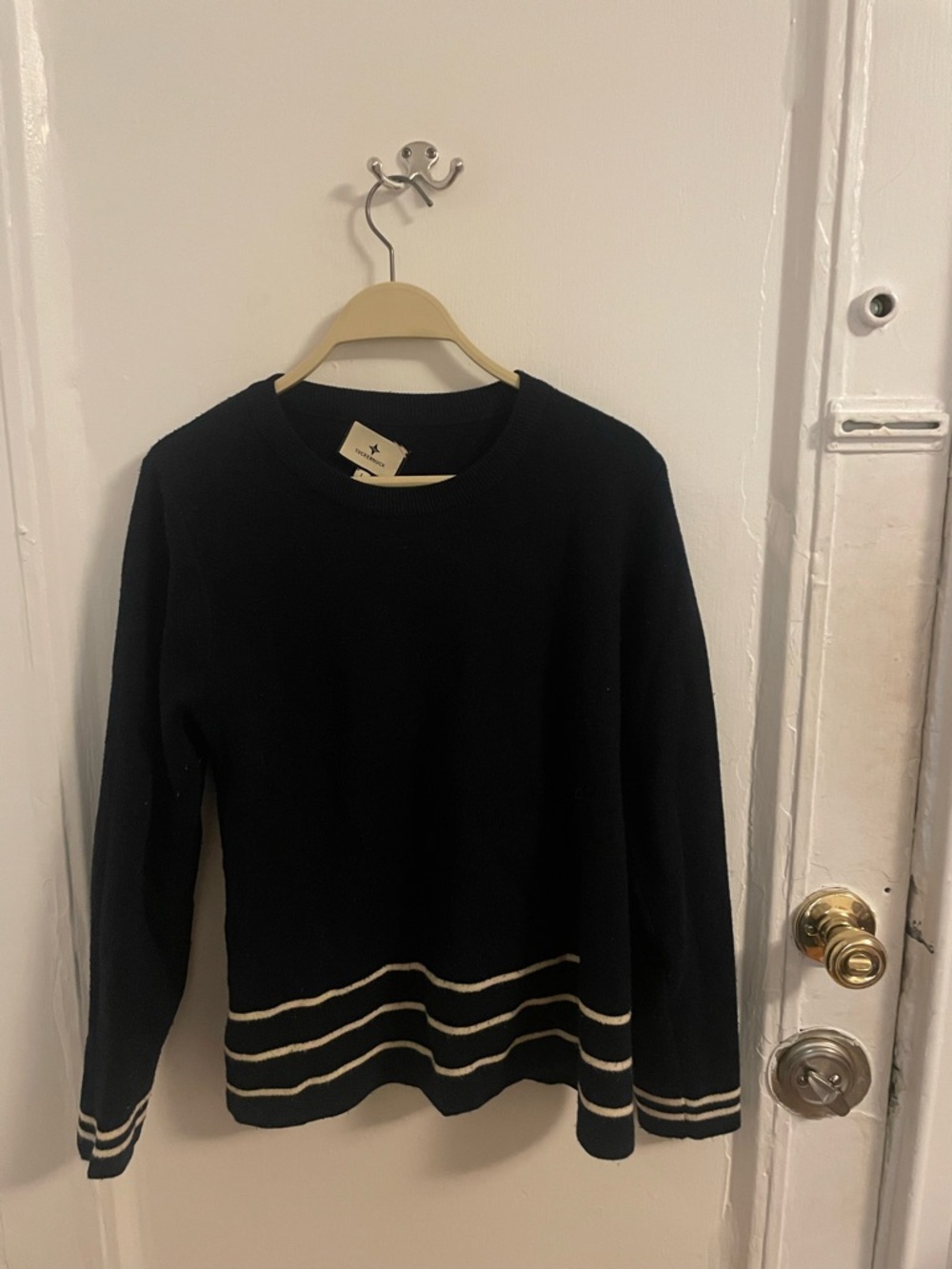 Women’s Navy Crewneck Sweater with Cream Stripe